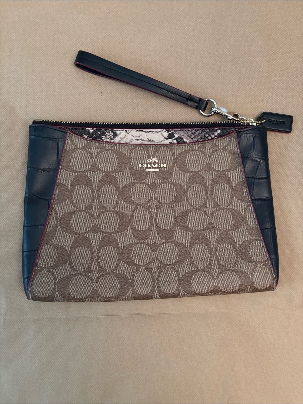 Coach Brown Signature Canvas Wristlet with Black Trim and Burgundy Piping
